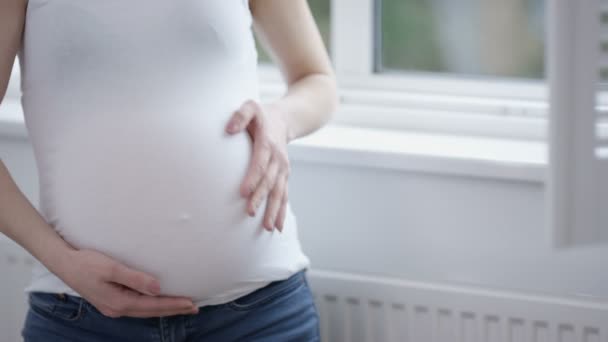 Portrait Femme Enceinte Maison Regardant Par Fenêtre — Video