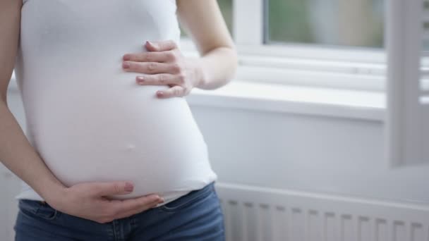 Retrato Mujer Embarazada Casa Mirando Por Ventana — Vídeos de Stock