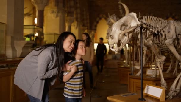 Мать Сын Рассматривают Скелет Динозавра Музее Естественной Истории — стоковое видео