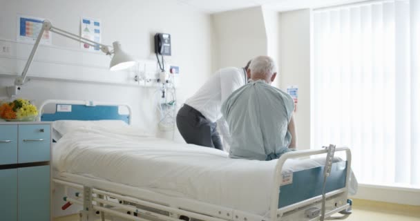 Médecin Hospitalier Amical Examinant Patient Âgé Dans Une Chambre Privée — Video