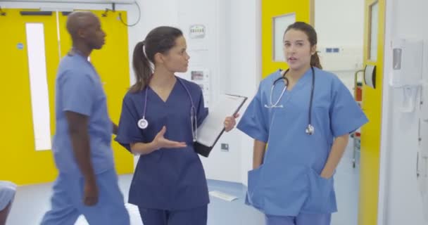 Collega Het Moderne Ziekenhuis Chatten Als Lopen Door Drukke Hal — Stockvideo