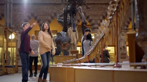 の母親と自然史博物館の展示物を見て驚きの息子 — ストック動画
