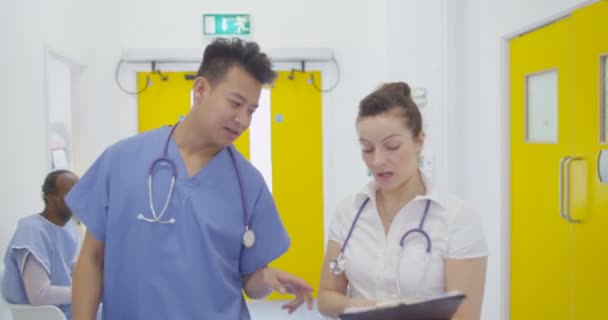 Glada Kollegor Modernt Sjukhus Chatta När Vandrar Genom Byggnaden — Stockvideo