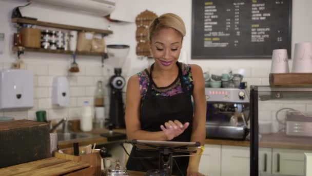 Portrait Travailleur Souriant Amical Debout Derrière Comptoir Dans Café — Video