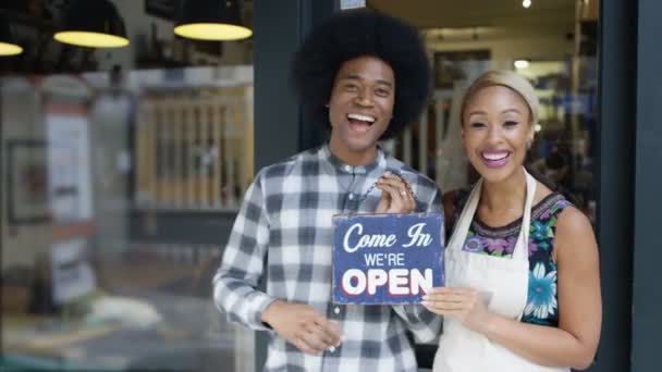 Happy Cafe Owner Couple Holding Sign Show Open Business — Stock Video