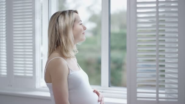 Portrait Femme Enceinte Maison Regardant Par Fenêtre — Video