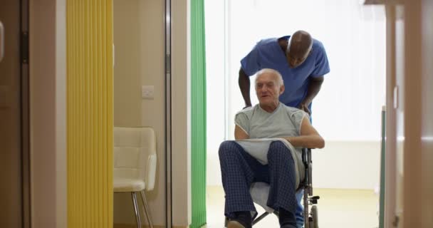 Caring Medical Worker Pushing Elderly Man Hospital Wheelchair — Stock Video