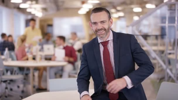 Retrato Sorridente Gerente Negócios Escritório Com Pessoal Trabalhando Segundo Plano — Vídeo de Stock