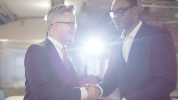 Smart Professional Businessmen Walking Office Close Handshake — Stock Video