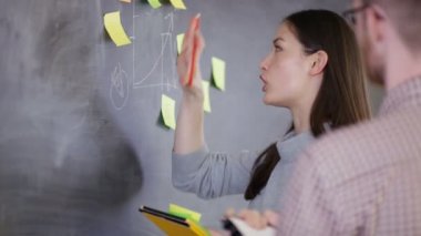 4 k genç erkek ve kadın yazı tahtası üzerine yapışkan notlar ile beyin fırtınası tartışma