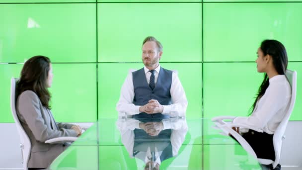 緑色の画面の背後にあるビデオ ウォールとの会談で ビジネス管理チーム — ストック動画