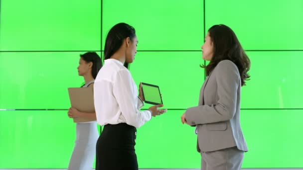 Mulheres Negócios Olhando Para Tablet Com Tela Verde Fundo Verde — Vídeo de Stock