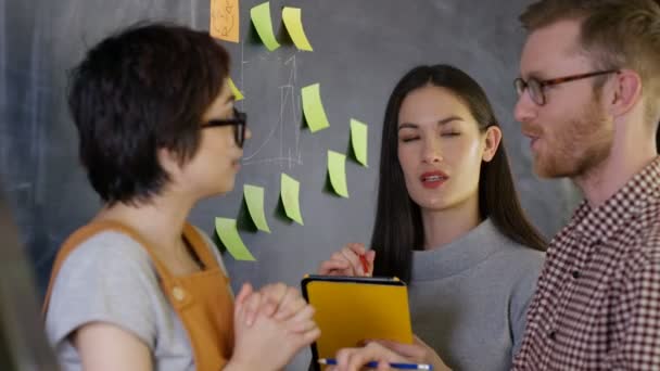 Porträtt Leende Gruppen Brainstorming Med Klisterlappar Blackboard — Stockvideo