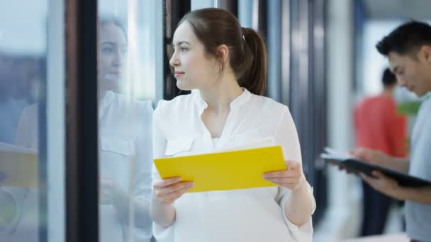 Portrait Femme Affaires Décontractée Souriante Debout Côté Fenêtre Dans Bureau — Video