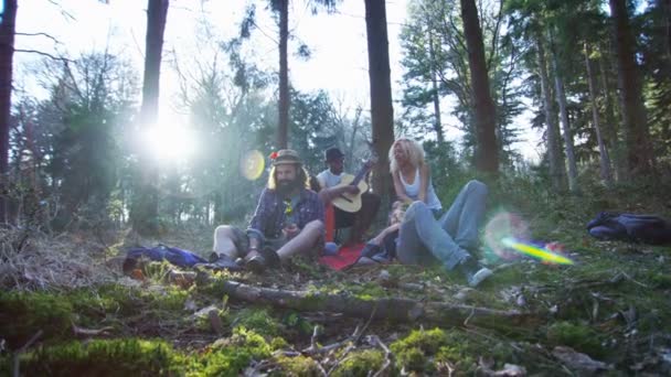 Amigos Hipster Felizes Acampando Floresta Tocando Guitarra Cantando — Vídeo de Stock