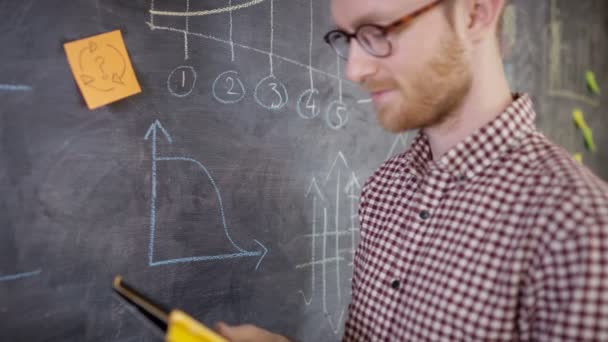 Man Met Computer Tablet Puttend Uit Schoolbord Draaien Glimlachen Naar — Stockvideo