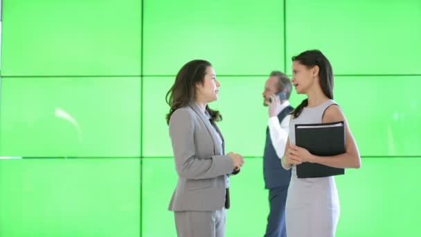 画面背景の緑の近代的なオフィスの議論にビジネスウーマン — ストック動画