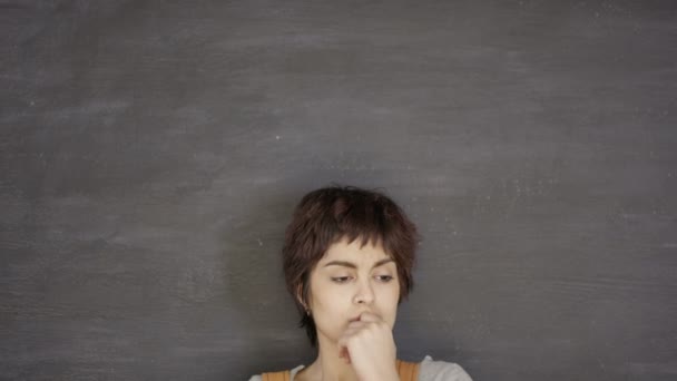 Close Portrait Serious Pensive Woman Blank Chalkboard Background — Stock Video