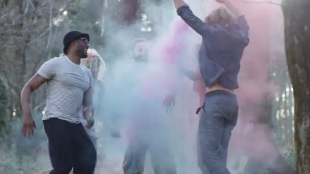 Szczęśliwy Hipster Przyjaciół Festiwalu Muzyki Tańca Rzucanie Kolorowe Proszek — Wideo stockowe