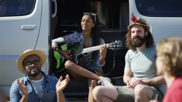 Hipster Group Camper Van Having Fun Music Festival Campsite — Stock Video