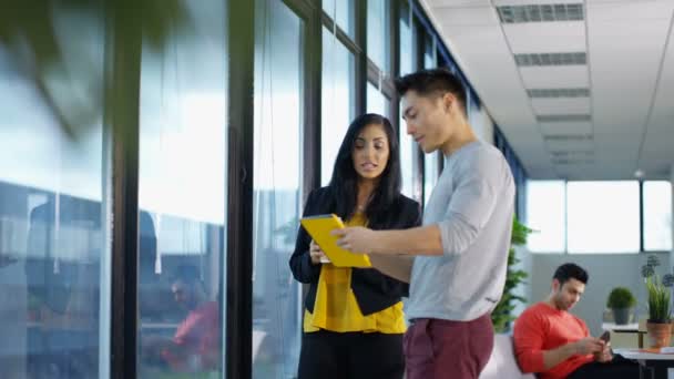 Businesswoman Looking View Window Discussing Work Male Coworker — Stock Video