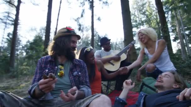 森の中でキャンプ ギターを演奏し 歌う幸せな流行に敏感なお友達に — ストック動画