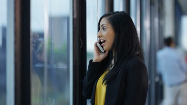 Indian Businesswoman Standing Next Window Talking Cell Phone City Office — Stock Video