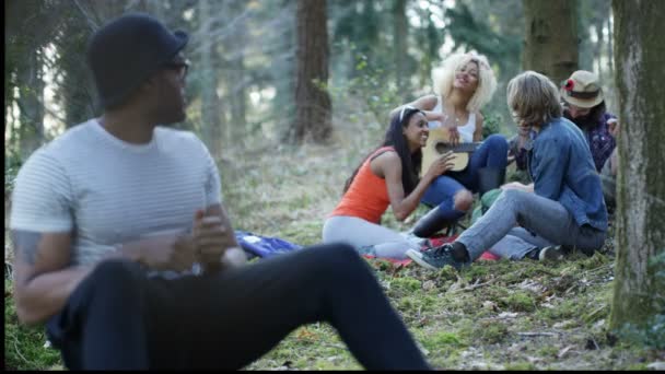 Felices Amigos Hipster Acampando Bosque Chico Girando Para Sonreír Cámara — Vídeos de Stock