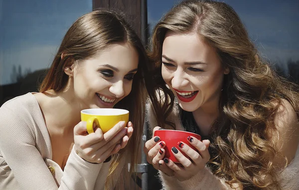 Dos mujeres jóvenes y bonitas riéndose al aire libre y tomando café. Li. —  Fotos de Stock