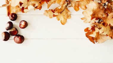 Sonbahar yaprakları üzerinde ahşap arka plan resmini