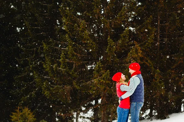 在冬季公园户外的年轻快乐情侣 — 图库照片