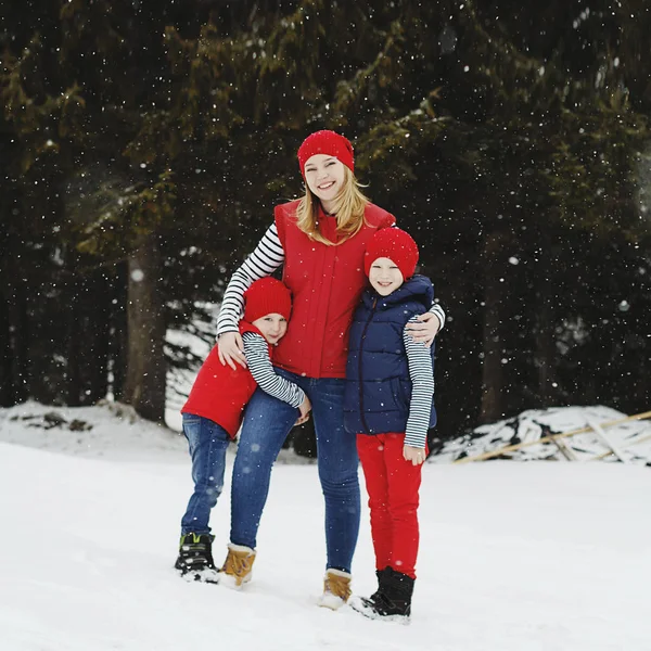 母亲和她的两个儿子在雪林的冬天玩得很开心 — 图库照片