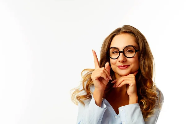 Funny pretty young business woman over white background — Stock Photo, Image