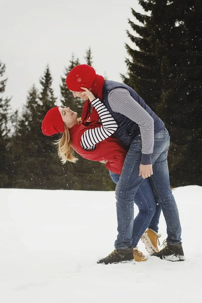 Mladý šťastný pár venku v zimě parku — Stock fotografie
