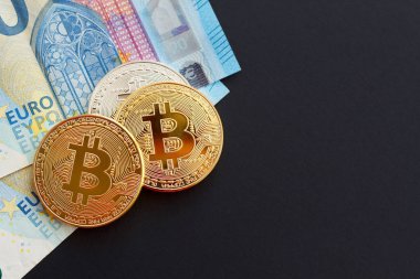 Euro para üzerinden altın bitcoins resmi. Dijital para kavramı.