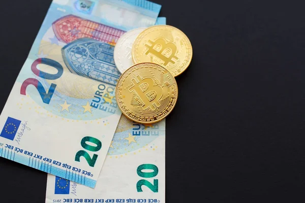 Picture of gold bitcoins over euro money. Digital money concept. — Stock Photo, Image