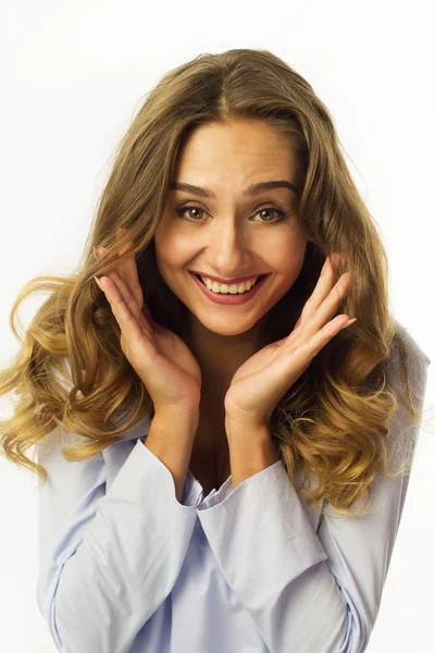 Grappige mooie jonge zakenvrouw op witte achtergrond — Stockfoto