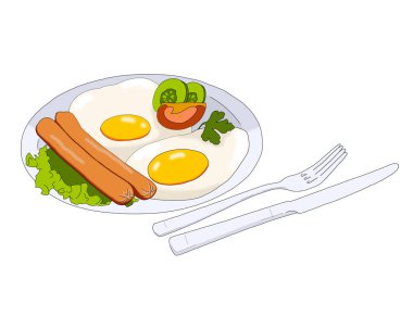 şekil çırpılmış yumurta ile sosis, salatalık, salata, domates, sebze, bıçak ve çatal