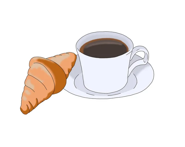 Beyaz fincan kahve ve croisant gösteren resim