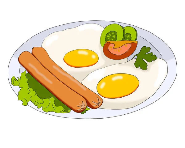 Иллюстрация яичницы с колбасой, огурцом, салатом, помидорами и овощами — стоковое фото