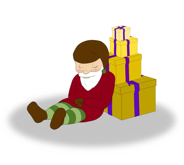 Mor hediye kutuları bir sürü elf uyku Noel Illustration