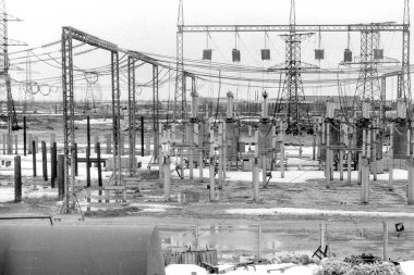 Eski elektrik trafo siyah beyaz Vintage Fotoğraf