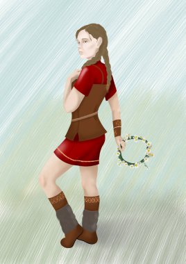 Viking giysili kadın resmi çiçek çelenk ile