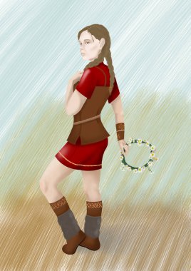 Viking giysili kadın resmi çiçek çelenk ile