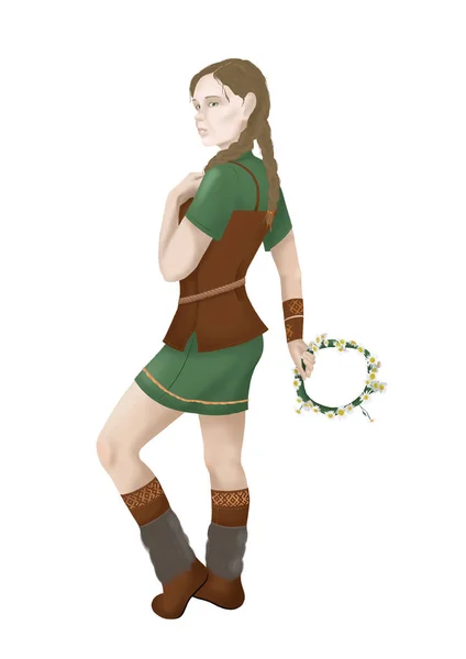 Viking giysili kadın resmi çiçek çelenk ile