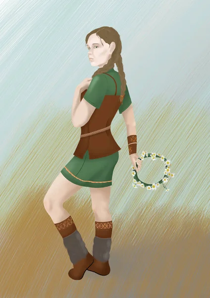 Viking giysili kadın resmi çiçek çelenk ile