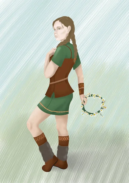 Viking giysili kadın resmi çiçek çelenk ile