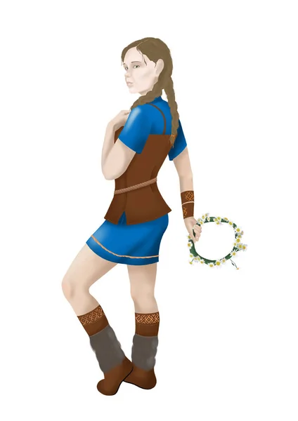 Viking giysili kadın resmi çiçek çelenk ile