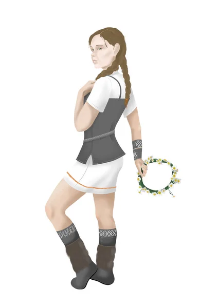 Viking giysili kadın resmi çiçek çelenk ile