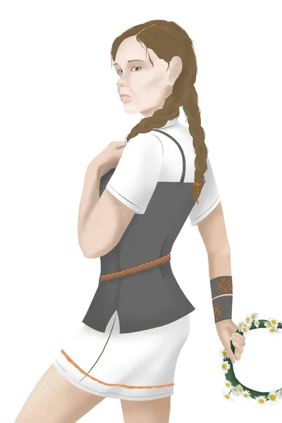 Viking giysili kadın resmi çiçek çelenk ile